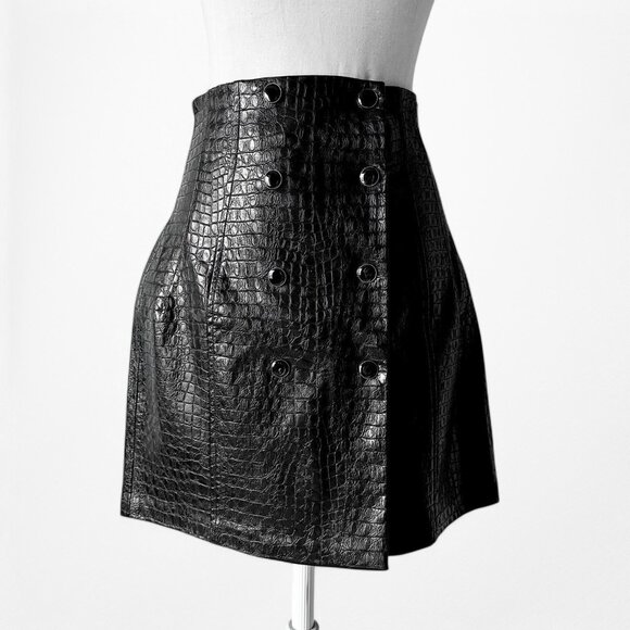 Zara Black Crocodile Faux Leather Button Front High Waisted Mini Skirt Size XS/S - Picture 4 of 6